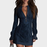 Veronika – Robe Mini en Suède Bleu avec Dentelle